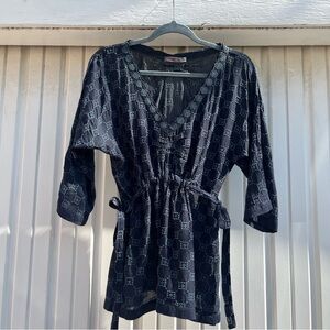 JOHNNY WAS navy blue embroidered batwing tie detail long sleeve blouse shirt